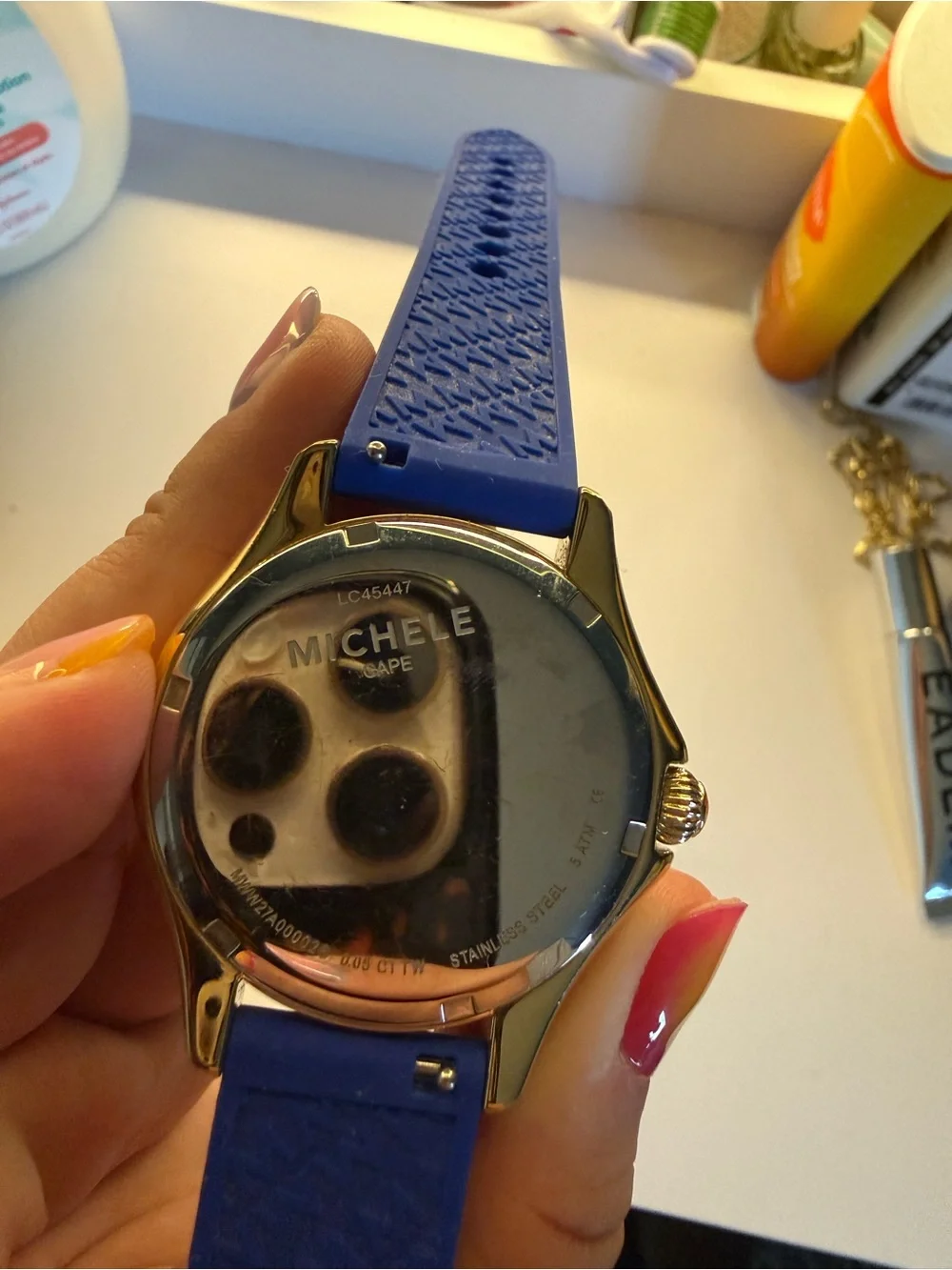 Michele Blue Silicone Strap Watch with Gold Accents